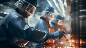 munkások egy modern rozsdamentes acélgyártó üzemben dolgoznak