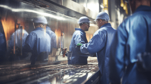 munkások egy modern rozsdamentes acél gyártó üzemben