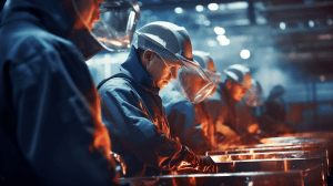 munkások egy modern rozsdamentes acélgyártó üzemben